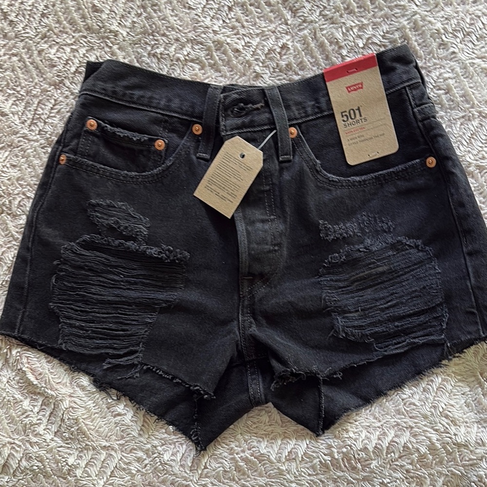 Levi's Black Distressed Jean Shorts Raw Hem